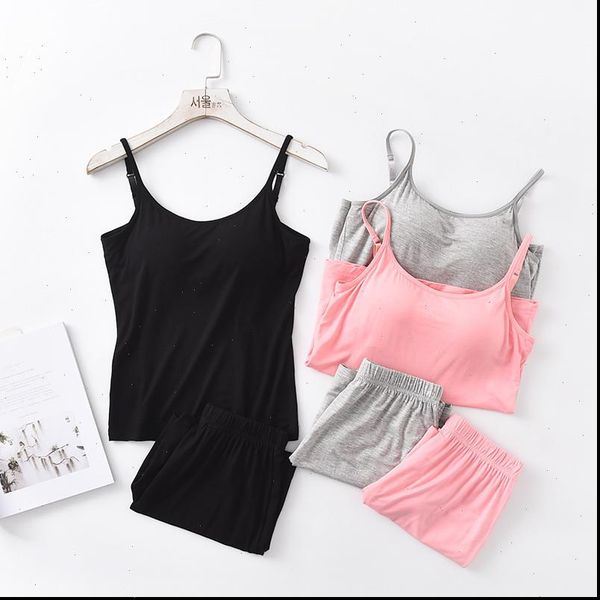 

summer cotton shorts womens sleepwears set camisole shirt pant pajamas bra padded sleepwear suit pijama feminino, Black;red