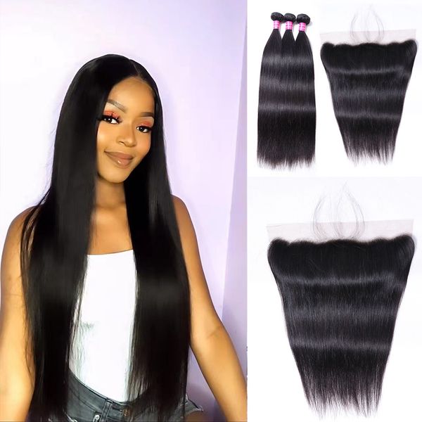 

wholesale straight 3 bundles with lace frontal 13x4 human hair 3 bundles with transparent swiss lace 10-30 inch hair extensions, Black