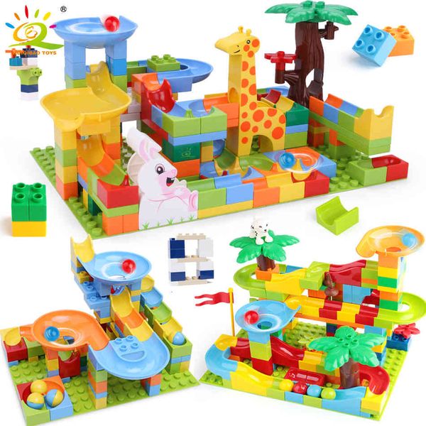 

huiqibao 52-182pcs marble race run diy maze balls building blocks duploed funnel slide big size bricks educational baby toys 1008