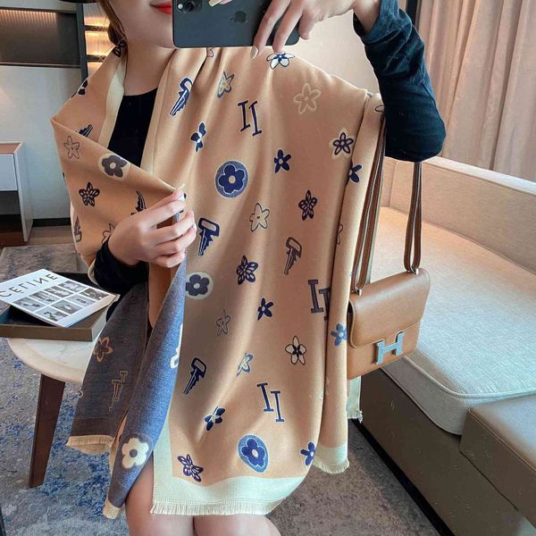 

design short whisker tassel warm versatile double-sided jacquard imitation cashmere scarf female autumn and decorative geometric bib air, Blue;gray