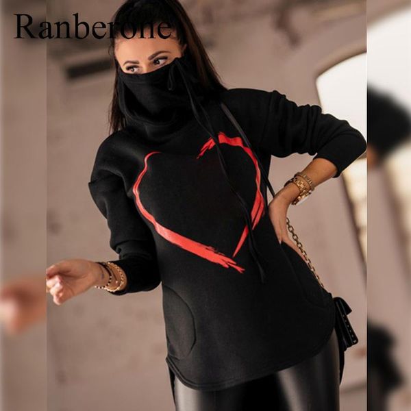 

ranberoen hoodies sweatshirts women long sleeve dustproof high-neck printed hooded sweater size s-xxxl casual tracksuit female gym clothing, White;black