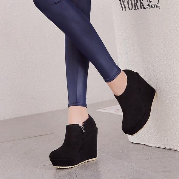 

boots 42 shoes waterproof platform slope heel woman bottom zipper, Black