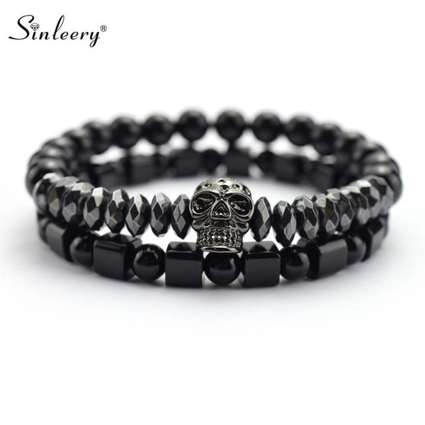 

link, chain sinleery punk skull bracelet for men cuba black square beads bangle fashion jewelry bracelets on hand homme sl120 ssp