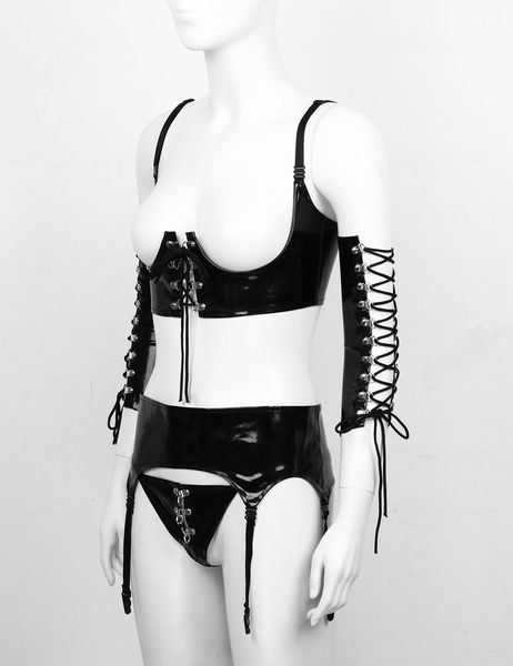 

women lingerie set wetlook leather stripper outfit night club pole dance latex lace up open bra with garter panties sleeves, Black;white