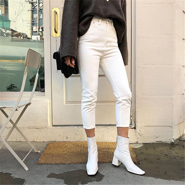 

beige high waist streetwear slimming quality pencil jeans denim skinny chic ankle-length woman casual solid pants 210421, Blue