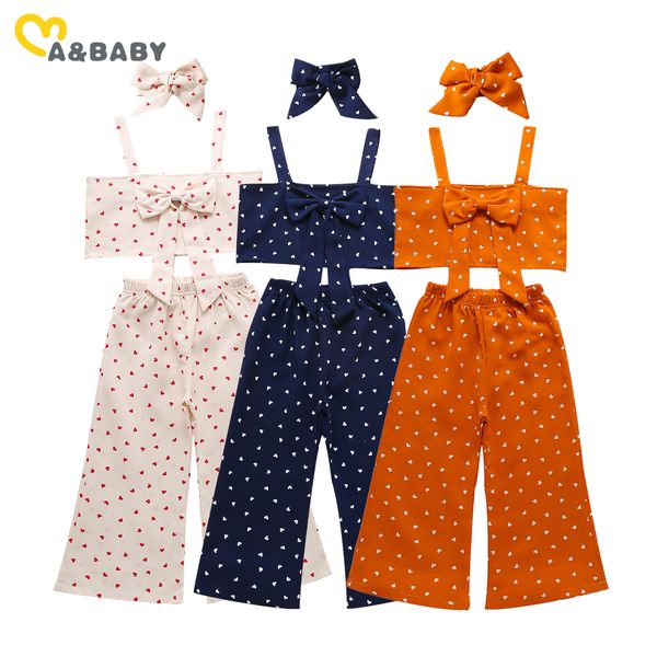 1-6Y Sommer Kleinkind Kind Kind Mädchen Kleidung Set Herz Druck Valentinstag Outfits Schleife Weste Flare Hosen Urlaub reisen 210515