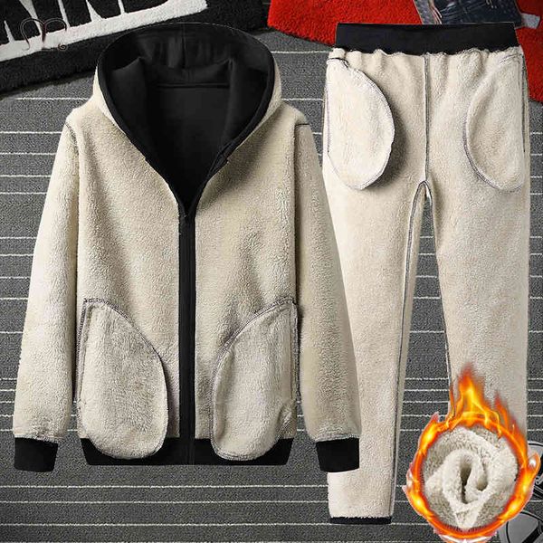 

winter sportswear thick casual hoodie sports suit warm wool sweatshirt 2-piece et + moleton men's -4xl, Gray