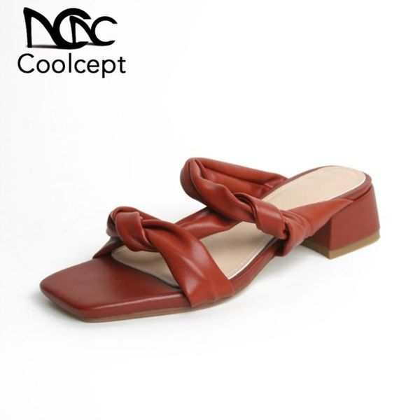

coolcept women sandals shoes fashion square heels designer solid color good quality slip on footwear size 34-40, Black