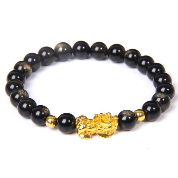 

beaded, strands fengshui bracelet men black obsidian gold charm pixiu bangle 8 mm natural stone bead pulsera women jewelry lucky amulet