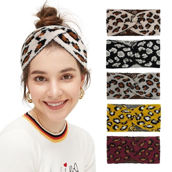 HEIßE Frauen Leopard Gestricktes Stirnband Mode Criss Cross Haarband Winter Warme Wolle Stricken Lässige Kopfbedeckung Party Favor 9 arten T500341