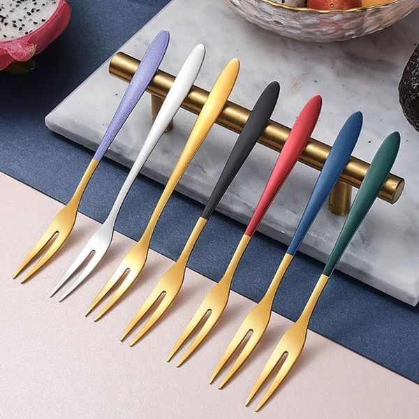 

forks creative stainless steel two-tine fork fruit set tableware multiple use snack cake dessert in party