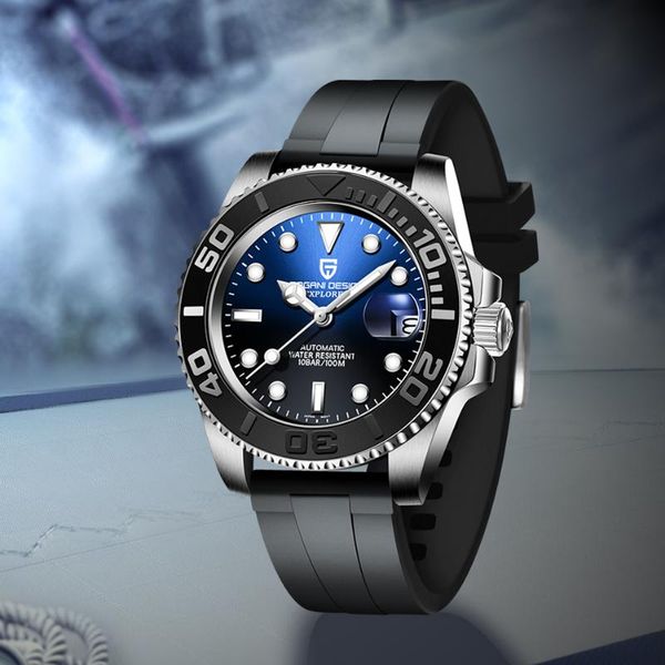 

wristwatches pagani design men's automatic watch brand sapphire rubber strap 40mm stainless steel waterproof hn35a relojes hombre, Slivery;brown