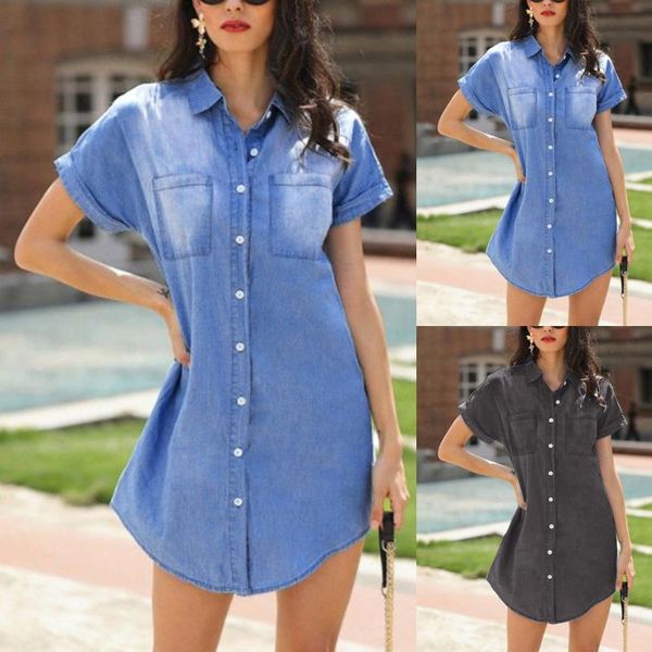 

casual dresses women mini denim dress short sleeves lapel neck solid color pocket shirt ladies single breasted streetwear #t2g, Black;gray