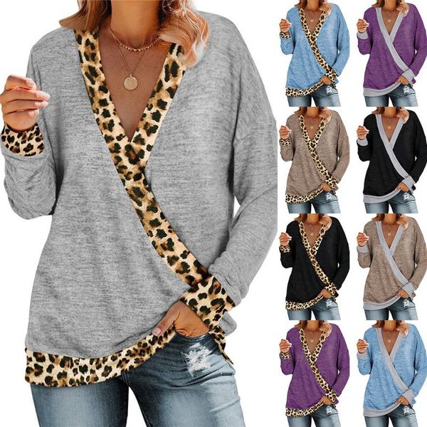 

autumn and winter european american cross-border women's leopard print color-blocking long-sleeved women t-shirt, White