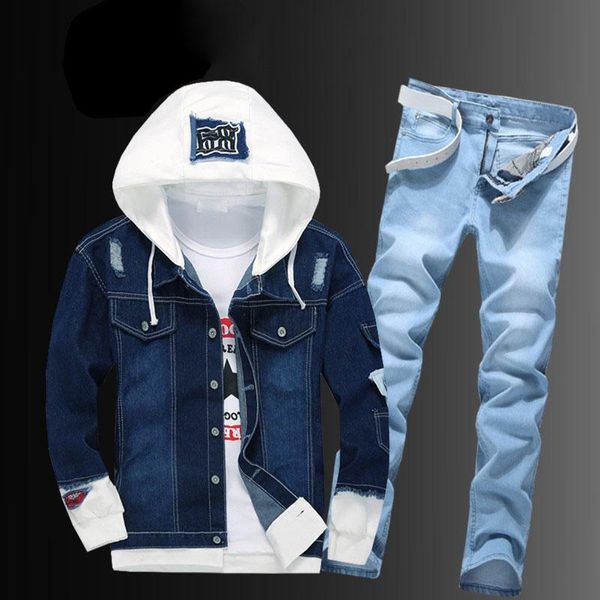 

men's tracksuits casual men hooded cowboy jacket zipper jeans two piece set plus size street single breasted hole ripped blue denim coa, Gray