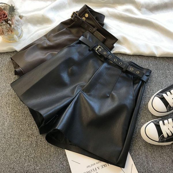 

women's shorts fashion pu leather 2021 high waist loose wide-leg winter all-matching, White;black