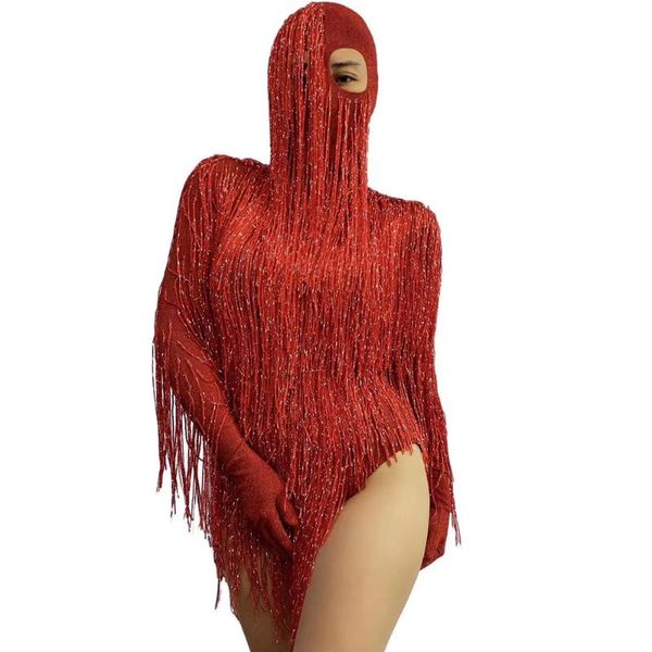 

long tassel bodysuits with headwear sleeve personality performance costume ladies nightclub dance show wear stage, Black;red