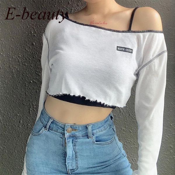 

women's t-shirt basic sweet sling crop for women tshirt fashion casual streetwear ribbing knit patchwork long sleeve tee female e g, White