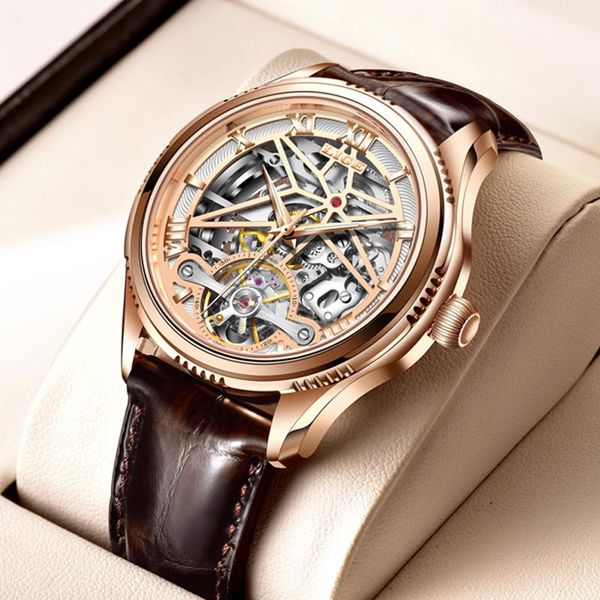 

wristwatches 2021 lige automatic mechanical mens watches luxury hollow 50m waterproof sports wristwatch leather watch for men clock male, Slivery;brown