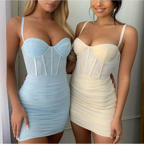 

casual dresses bodycon women corset mini summer fashion mesh ruched outfits street party club wear elegant blue dress white 2021, Black;gray