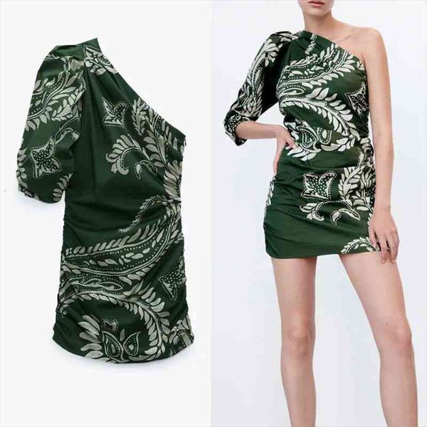 

za green print mini dress women asymmetric one shoulder summer dresses ladies ruched vintage short dresses, Black;gray