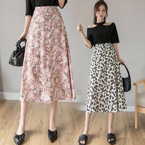 

skirts 2021 fashion spring summer high waist chiffon women midi flowers casual floral print female skirt maxi beach tutu, Black
