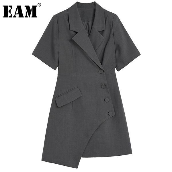

[eam] women black irregular pockets blazer dress notched neck short sleeve loose fit fashion spring summer 1dd8495 21512, Black;gray