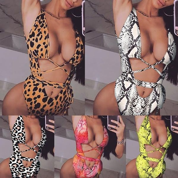 

one-piece suits biquini 2021 swimsuit one piece bathing suit snake print bikini bandage monokini string leopard beach swimwear women