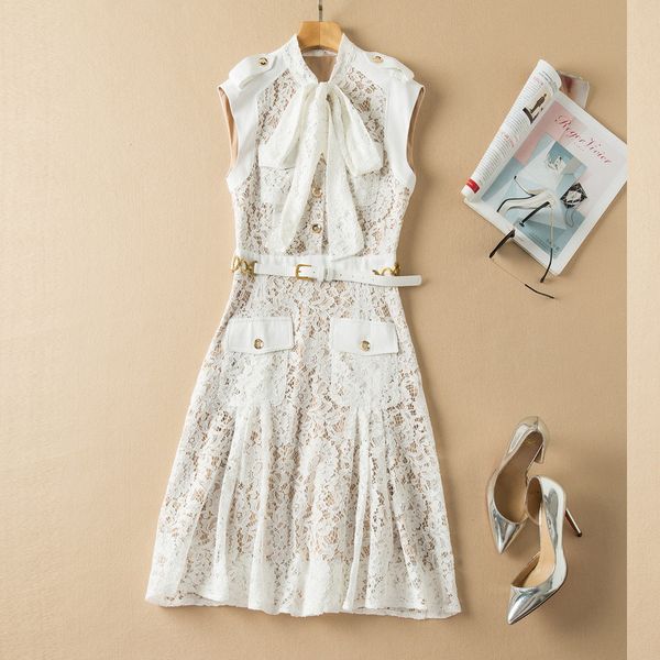 

european and american women's wear spring 2022 new sleeveless bow collar fashionable pocket lace belt dress xxl, Black;gray