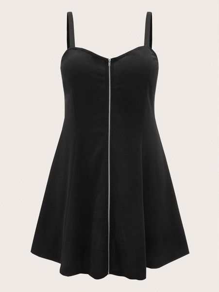 

plus exposed zipper front solid cami dress q9r5#, Black