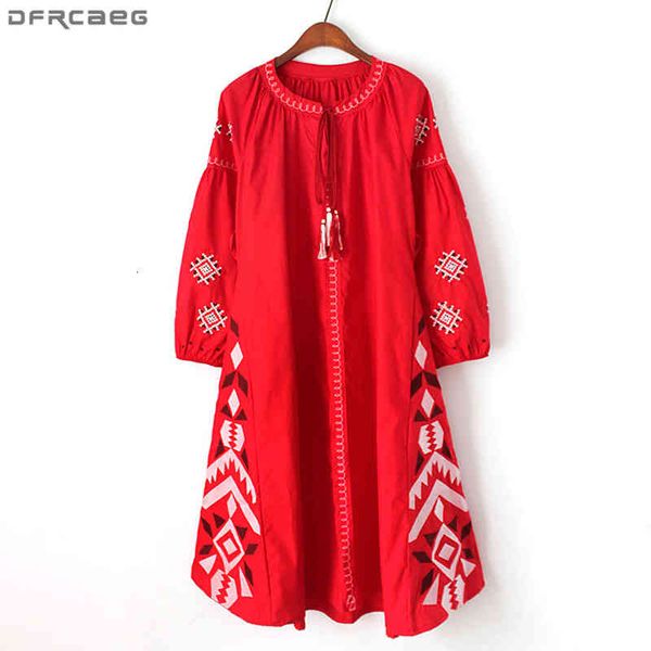 

casual dresses o-neck boho for women elegant embroidered loose big size vestido mujer lace up midi t shirt dress red white 9spm, Black;gray