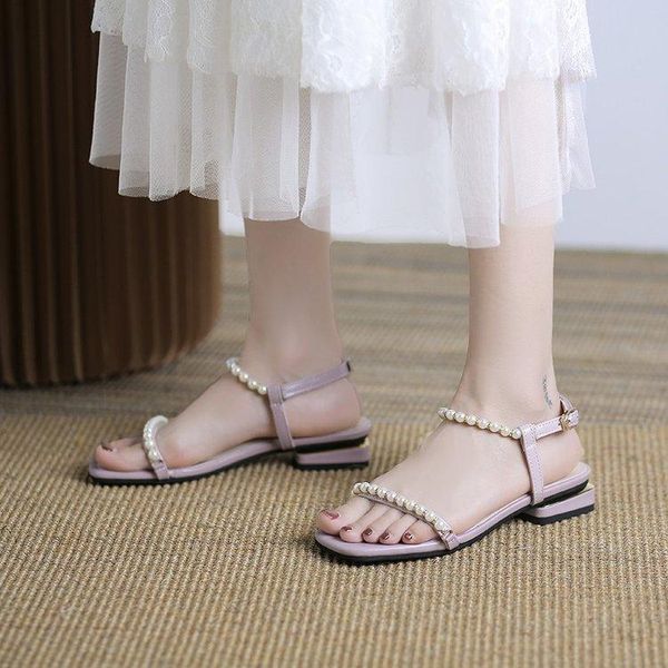 

sandals comfort shoes for women pearl suit female beige square toe block heels buckle strap 2021 summer black chunky fashion low
