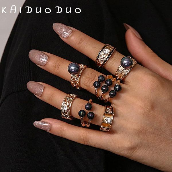 

wedding rings ladies ring fashion crystal black pearl set gold color geometric knuckle 2021 jewelry romantic hollow, Slivery;golden