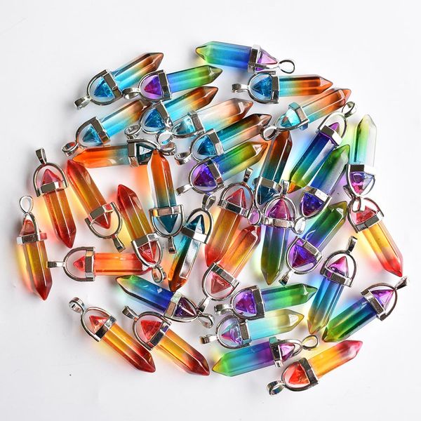 

fashion hexagonal glass colorfull pillar point charm pendants for jewelry necklaces making, Bronze;silver