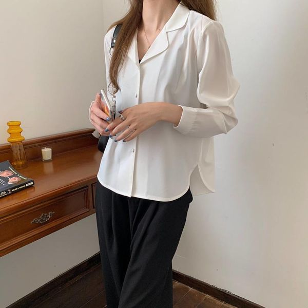 

loose solid color all-match suit collar shirt jacket 2021 autumn simple women's blouses & shirts, White