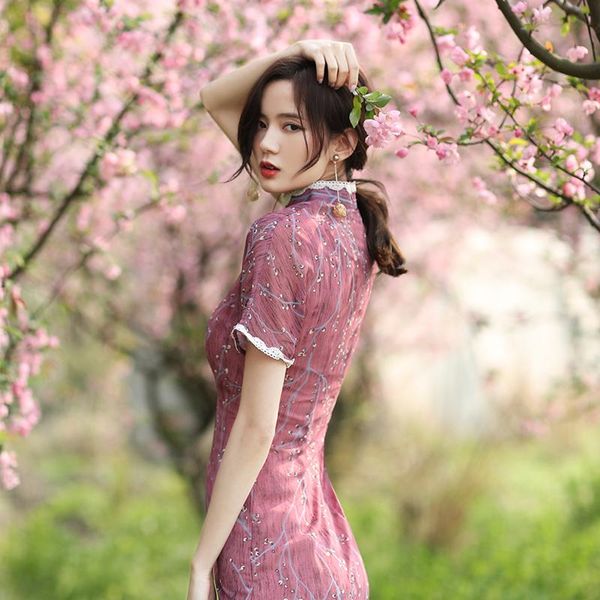 

chiffon lace modified daily style cheongsam dress young girls' chinese life looks slim ethnic clothing, Red