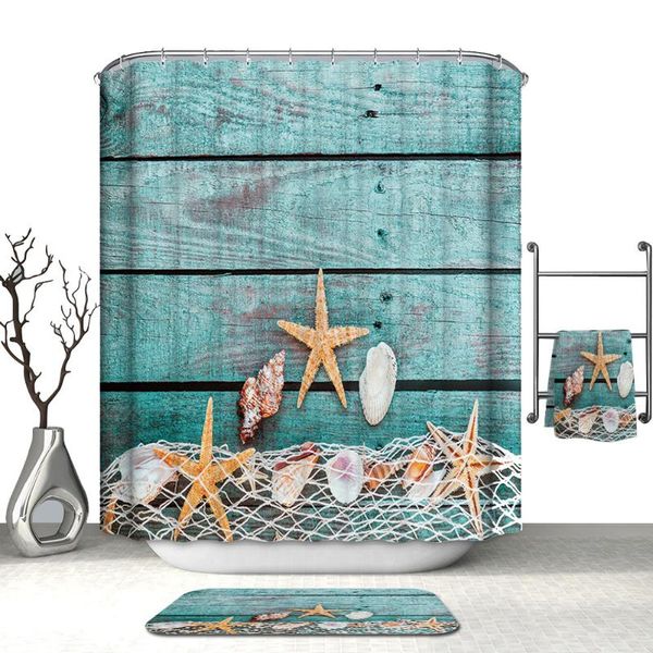 

4-piece set of creative household starfish shell printing bathroom non-slip mat toilet seat waterproof wallpapers