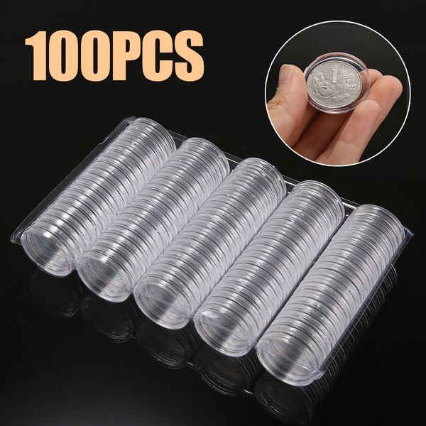 100 pçs/conjunto 27mm cápsulas de moedas redondas caixa de armazenamento de moedas recipiente de plástico porta-moedas casos de exibição para 2 moedas de euro