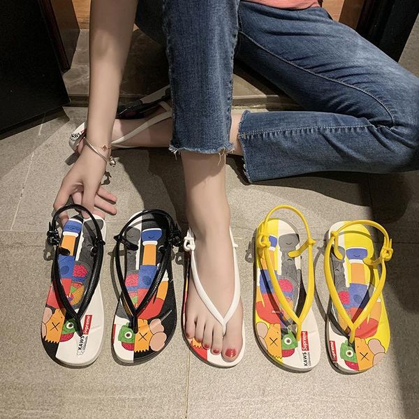 

slippers explosive cartoon flip flops female flat beach summer fashion wear, Black