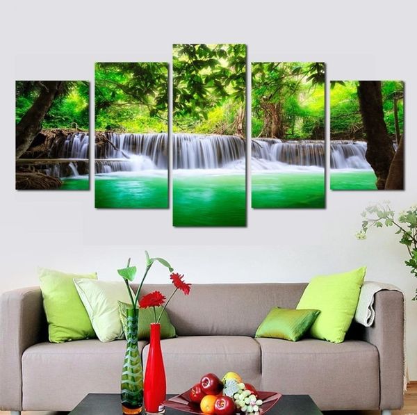 

5pcs/sets unframed hd home decor paintings nature forest green lake waterfall print wall art
