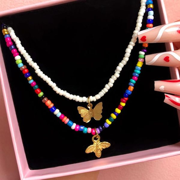 

chains boho multi layer multicolor white beaded choker chain necklace for women cute golden butterfly bee bead handmade jewelry, Silver