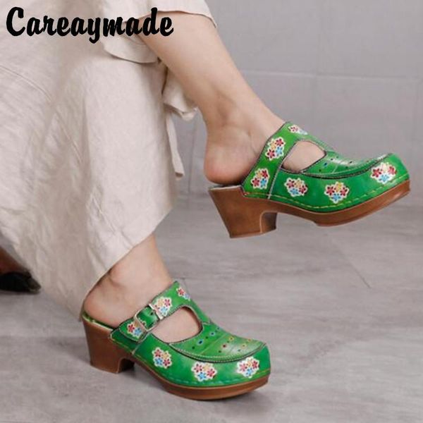 

slippers careaymade- national style leather slope heel shoes women's printed european and american thick outdoor sandals,2 colors, Black