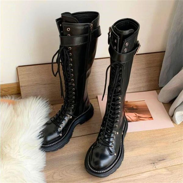 

boots lace up gladiator shiny black leather round toe flat knight winter shoes women knee high long botas mujer
