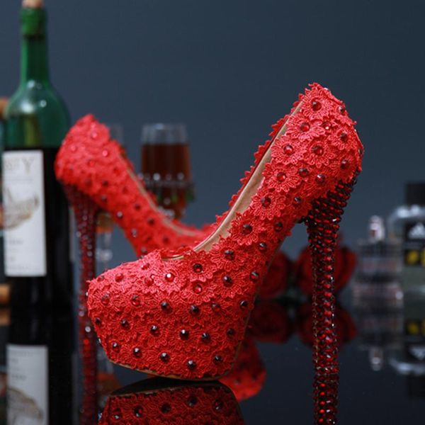 

dress shoes sweet ladies summer pink and red lace flower bridal wedding rhinestone high heels pluse size 34 - 43, Black