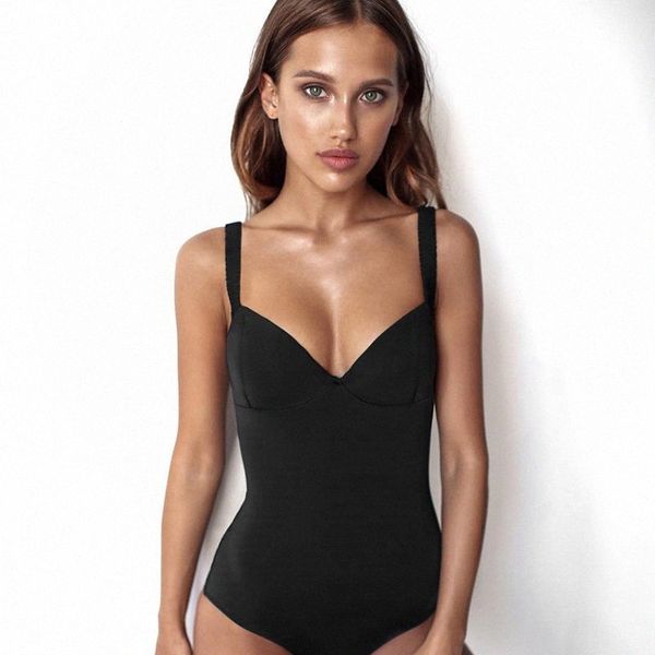 Deep V Neck Moda Bodysuit preto Mulheres elegantes corporais sexy Spaghetti Strap Bodycon Mumpsuit Romper Summer H6pu curto