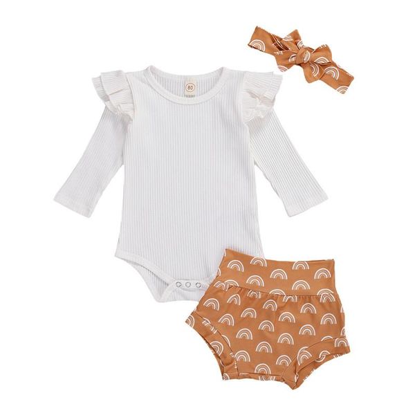 

clothing sets 3 pcs infant girls outfits cotton ruffles long sleeve romper elastic shorts headband autumn winter baby clothes, White