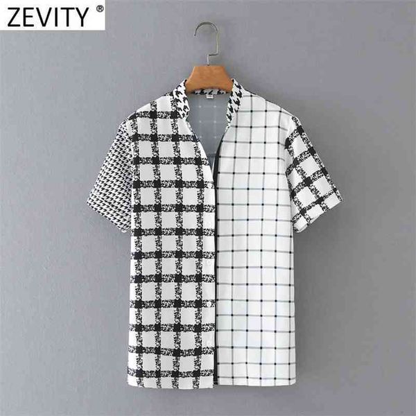 

women vintage houndstooth patchwork print plaid casual smock blouse office lady short sleeve shirt chic blusa ls9145 210416, White;black