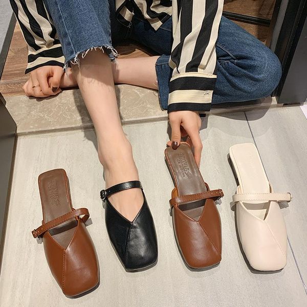 

slippers ladies shoes women woman mules belt buckle cover square toe low heels solid leather casual slides, Black