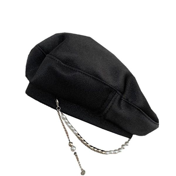 

berets retro pearl chain black beige green beret autumn winter female thin section breathable street fashion octagonal hat headwear, Blue;gray