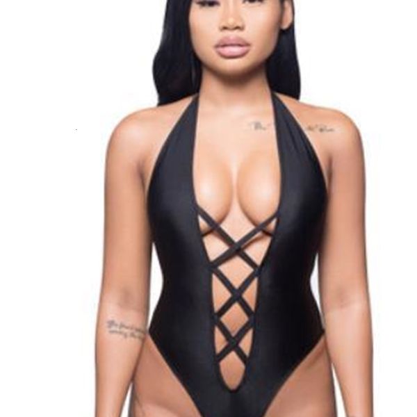 

women one piece bikini solid color bandage lace up halter, White;black